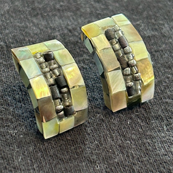 Semi-Circle Block Mother of Pearl | Abalone Inlay Pierced Earrings w Bead Accent - Picture 1 of 7